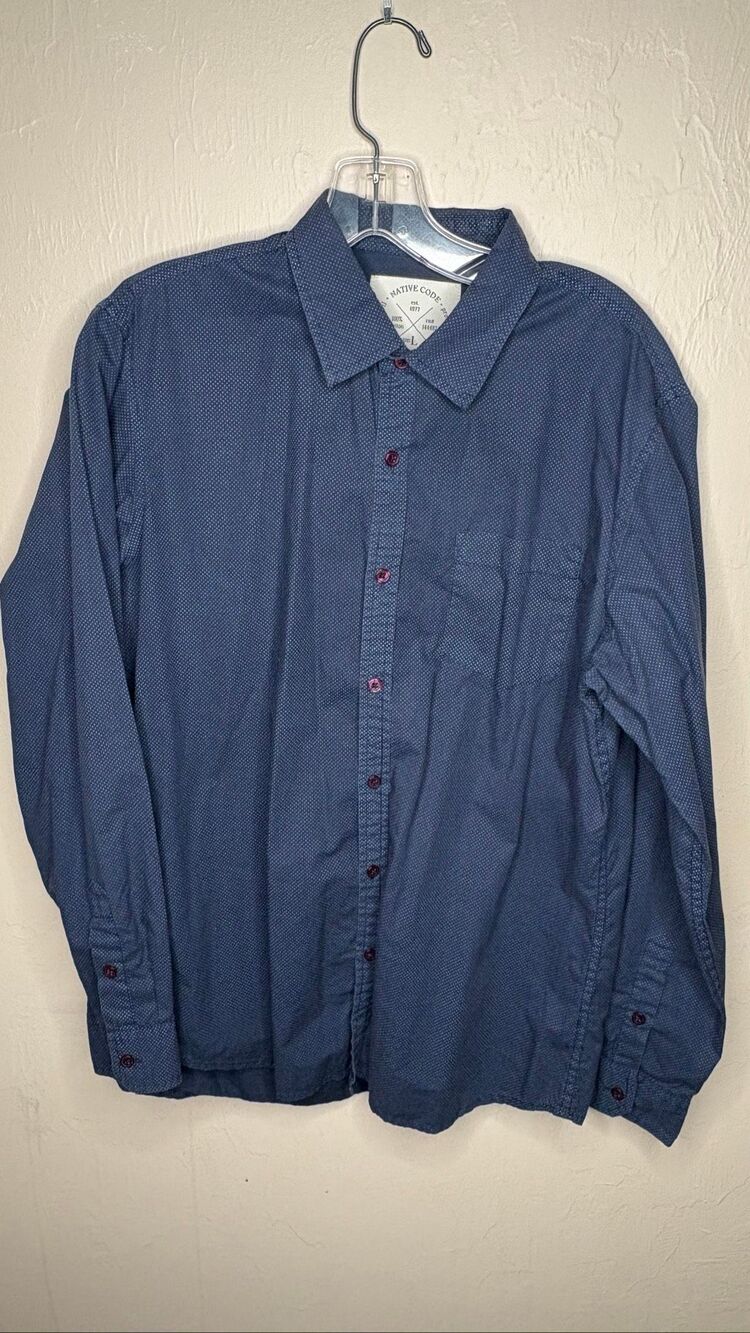 Native Code Collared Button Down Blue Cotton Shirt Large 109